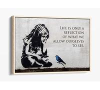 Banksy Little Girl Blue Bird Quote - Canvas Floater Frame Print Picture Art - Light Oak Frame 24 inch wide x 16 inch high
