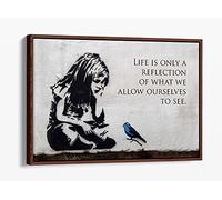 Banksy Little Girl Blue Bird Quote - Canvas Floater Frame Print Picture Art - Walnut Frame 30 inch wide x 20 inch high