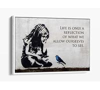 Banksy Little Girl Blue Bird Quote - Canvas Floater Frame Print Picture Art - White Frame 18 inch wide x 12 inch high