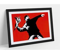 Banksy Love Is In The Air Flower Graffiti Red Framed Wall Art Print Picture - A2 - Black Frame