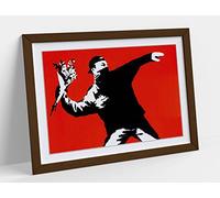 Banksy Love Is In The Air Flower Graffiti Red Framed Wall Art Print Picture - A3 - Walnut Frame