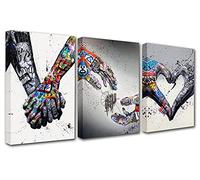 Banksy Lovers Holding Hands Paintings Adam Hand of God Pop Pictures Graffiti Street Art Artwork Abstract Heart Wall Art 3 Panels Prints on Canvas Man Room Home Decor Framed Ready to Hang(48''Wx 24''H)