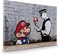 BANKSY Mario Cop and Mushroom Graffiti Stretched Canvas Wall Art Picture Print Various Sizes Large for Living Room 24x16in (61x40cm)