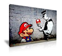 BANKSY Mario Cop Graffiti Stretched Canvas Wall Art Picture Print Gift For Magic Mushroom Fans Home Hotel Office Decoration (91x61 cm)