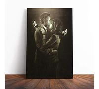Banksy Mobile Lovers Brown Wall Graffiti Art Canvas Print | Gallery Wrapped 30mm Frame Wall Decor | 30x20 inches | Ready to Hang | Pop Art Picture | Living Room Bedroom Lounge Office