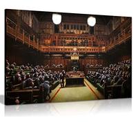 Banksy Monkey Parliament Canvas Wall Art, Large 18x12 Inch Framed | Ready to Hang, Street Graffiti Print, 46x31cm Pine Frame, Living Room Bedroom Office Home Decor, Vivid Colours on Archival