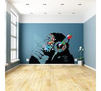Banksy Monkey with Headphones Wall Sticker - Large Bansky Thinking Dj Chimp Vinyl Decal 39 x 27 / Left Side