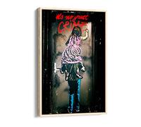 Banksy No Great Crime Red Pink Canvas Floater Frame Print Picture Art - Light Oak Frame 24 inch wide x 36 inch high