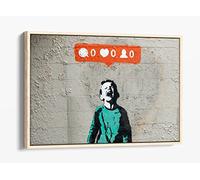 Banksy "No Social Media" Graffiti Streetart Canvas Floater Frame Print Picture Art - Light Oak Frame 18 inch wide x 12 inch high