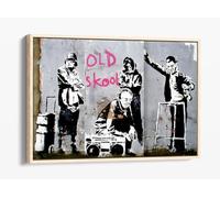 Banksy Old Skool Graffiti Canvas Floater Frame Print Picture Art - Light Oak Frame 36 inch wide x 24 inch high