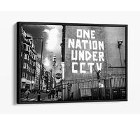 Banksy One Nation Cctv Black White Canvas Floater Frame Print Picture Art - Black Frame 36 inch wide x 24 inch high