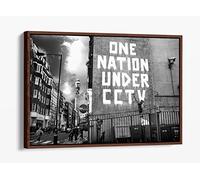 Banksy One Nation Cctv Black White Canvas Floater Frame Print Picture Art - Walnut Frame 30 inch wide x 20 inch high