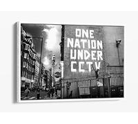 Banksy One Nation Cctv Black White Canvas Floater Frame Print Picture Art - White Frame 36 inch wide x 24 inch high