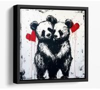 BANKSY Panda bear Lovers Canvas Floater Frame Square Print Picture Art - Black Frame 20 inch wide x 20 inch high