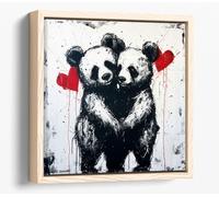BANKSY Panda bear Lovers Canvas Floater Frame Square Print Picture Art - Light Oak Frame 30 inch wide x 30 inch high