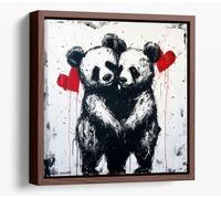 BANKSY Panda bear Lovers Canvas Floater Frame Square Print Picture Art - Walnut Frame 12 inch wide x 12 inch high