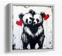 BANKSY Panda bear Lovers Canvas Floater Frame Square Print Picture Art - White Frame 16 inch wide x 16 inch high