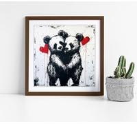 BANKSY Panda bear Lovers Stunning Framed Wall Art Picture Print Square - 25cm wide x 25cm high - Walnut Frame