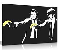 Banksy Pulp Fiction Banana Gun Framed Canvas Wall Art, 30x20 Inch | Graffiti Street Poster, Ready to Hang, Black and White, for Bedroom Living Room, Prints and Pictures for Walls Decor