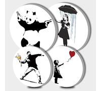 Banksy Round Metal Hob Covers 4-Piece Black & White Stove Plate Cooker Hob Covers for Electric Cookers Top Burner Gas Range Oven Protector Kitchen Tools Accessories Modern Cooktop Kitchen Decor