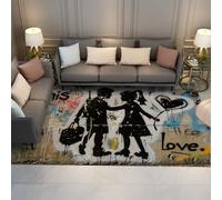 Banksy Rugs Living Room 100x150cm Large Machine Washable Area Rug Non Slip Graffiti Kids Rug for Bedroom Soft Thin Heart Street Art Print Area Rugs Foldable Carpet Home Office Nursery Decor