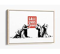 Banksy Sale Worshipper Canvas Floater Frame Print Picture Art - Light Oak Frame 36 inch wide x 24 inch high