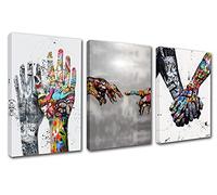 Banksy Street Art Decor Graffiti Wall Art Creation of Adam Paintings Pictures Promise Holding Hands Artwork 3 Pieces Bedroom Home Decor Framed Ready to Hang Poster and Prints(60''W x 28''H)