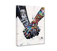 Banksy Street Art Graffiti Holding Hands Pictures Couple Paintings Romantic Artwork for Living Room Gift 1 Pieces Canvas Wall Art Nordic Home Decor Framed Ready to Hang Poster and Prints (16''Wx24''H)