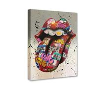 Banksy Street Art Graffiti Tongue Pictures Lips Paintings Funny Artwork for Living Room Gift 1 Pieces Canvas Wall Art Nordic Home Decor Framed Ready to Hang Poster and Prints(16''Wx24''H)