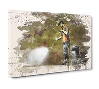 Banksy Street Cleanup Graffiti Wall Art Modern FC Canvas Print | Gallery Wrapped 30mm Frame Wall Art | 20x14 inches | Ready to Hang | Eclectic Cityscape Picture | Living Room Bedroom Lounge Office