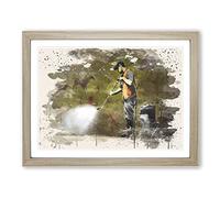 Banksy Street Cleanup Graffiti Wall Art Modern FC Framed Print | A2 Oak Framed Wall Art | Ready to Hang | Eclectic Cityscape Picture | Living Room Bedroom Lounge Office