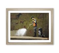 Banksy Street Cleanup Graffiti Wall Art Modern Framed Print | A2 Oak Framed Wall Art | Ready to Hang | Eclectic Cityscape Picture | Living Room Bedroom Lounge Office