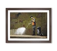 Banksy Street Cleanup Graffiti Wall Art Modern Framed Print | A2 Walnut Framed Wall Art | Ready to Hang | Eclectic Cityscape Picture | Living Room Bedroom Lounge Office