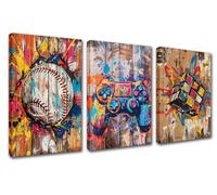 Banksy Street Graffiti Home Decorations for Living Room Baseball Magic Cube Game Controller Pictures Boys Room Paintings 3Pcs Canvas Modern Art Artwork Framed Gallery-wrapped Ready to Hang 42''Wx20''H