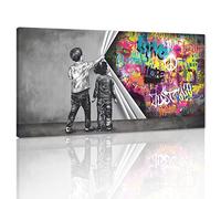 Banksy Style Graffiti Street Art Canvas Wall Art Boys Behind The Curtain Modern Painting Home Decor for Living Room Kids Room Framed 40" x 20"