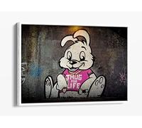 Banksy Thug For Life Rabbit - Pink Canvas Floater Frame Print Picture Art - White Frame 24 inch wide x 16 inch high