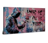 Banksy Wall Art Hooded Man with Rose Flower Canvas Wall Art Colourful Graffiti Street Pop Artwork for Hallway Love is All We Need Inspirational Quotes Wall Pictures for Living Room Decoration 20x40in