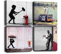 Banksy Wall Art Street Graffiti Canvas Print Picture Modern Pop Painting for Living Room Bathroom Bedroom Decoration (12"x12"x4pcs)