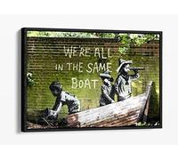 Banksy, We'Re All In The Same Boat Canvas Floater Frame Print Picture Art - Black Frame 18 inch wide x 12 inch high