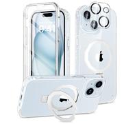 BANLEA Compatible with iPhone 15 Plus Case, Built-in Screen Protector & Seamless Stand, with Camera Lens Protector, Strong Magnetic Clear Phone Case, Full Body Protective Cover for 6.7" (Clear)