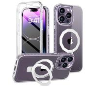 BANLEA for iPhone 14 Pro Max Case, Built-in Screen Protector & Stand, with Camera Lens Protector, Strong Magnetic Clear Phone Case, [Anti-Yellowing] Full Body Protective Cover for 6.7 Inch (Clear)