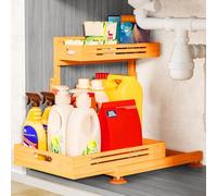 Banlilu Under Sink Organizer, Premium Bamboo Wood Pull Out Cabinet Organizer, 2 Tier Slide Out Sink Shelf Cabinet Storage Shelves, Under Sink Storage for Kitchen Bathroom