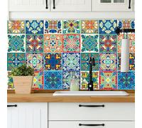 BANLMEYD 24pcs Tile Stickers Colorful2 Bathroom Tile Stickers for Kitchen Bathroom Living Room Fireplace Stairs Backsplash Home Waterproof Moroccan Stickers for Tile 6"x6" 15x15cm