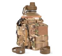 banloga 64 Oz Brown Tactical Water Bottle with 3 Lids, Molle Holder | Half Gallon Water Bottle with Straw, Water Jug with Holder, Stainless Steel Sport Bottle with 3 BPA Free Lids for Gym Workout
