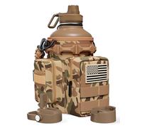 banloga Tactical Half Gallon Water Bottle with Straw, 64 oz Insulated Water Jug with Molle Sleeve, Stainless Steel Sport Battle Bottle with 3 BPA Free Lids for Gym Workout Hiking (Brown, 64OZ)