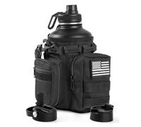 banloga Tactical Half Gallon Water Bottle with Straw, 64 Oz Insulated Water Jug with Molle Water Bottle Holder, Stainless Steel Sport Bottle with 3 BPA Free Lids for Gym Workout Hiking (Black)