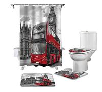 BANLV London Street Red Bus Bathroom Set Durable Fabric Waterproof Shower Curtain Set Carpet Carpet Toilet Cover Bath Mat