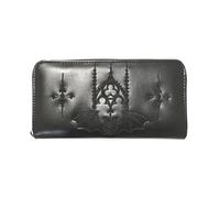 Banned Alternative Women's Gothic Wallet | Black Vegan Leather Purse | Embroidered Bat and Gothic Bow | Zip Closure with Cross Pull | Gothic Bat Model