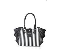 Banned Annabelle Handbag Gothic Striped Halloween Faux Leather Bat Wing Bag | black & white striped faux leather gothic handbag with a striking bat wing for gothic, punk & Halloween accessory