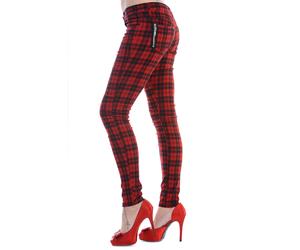 BANNED Apparel Red Tartan Check Skinny Punk Emo Stretch Rockabilly Trousers